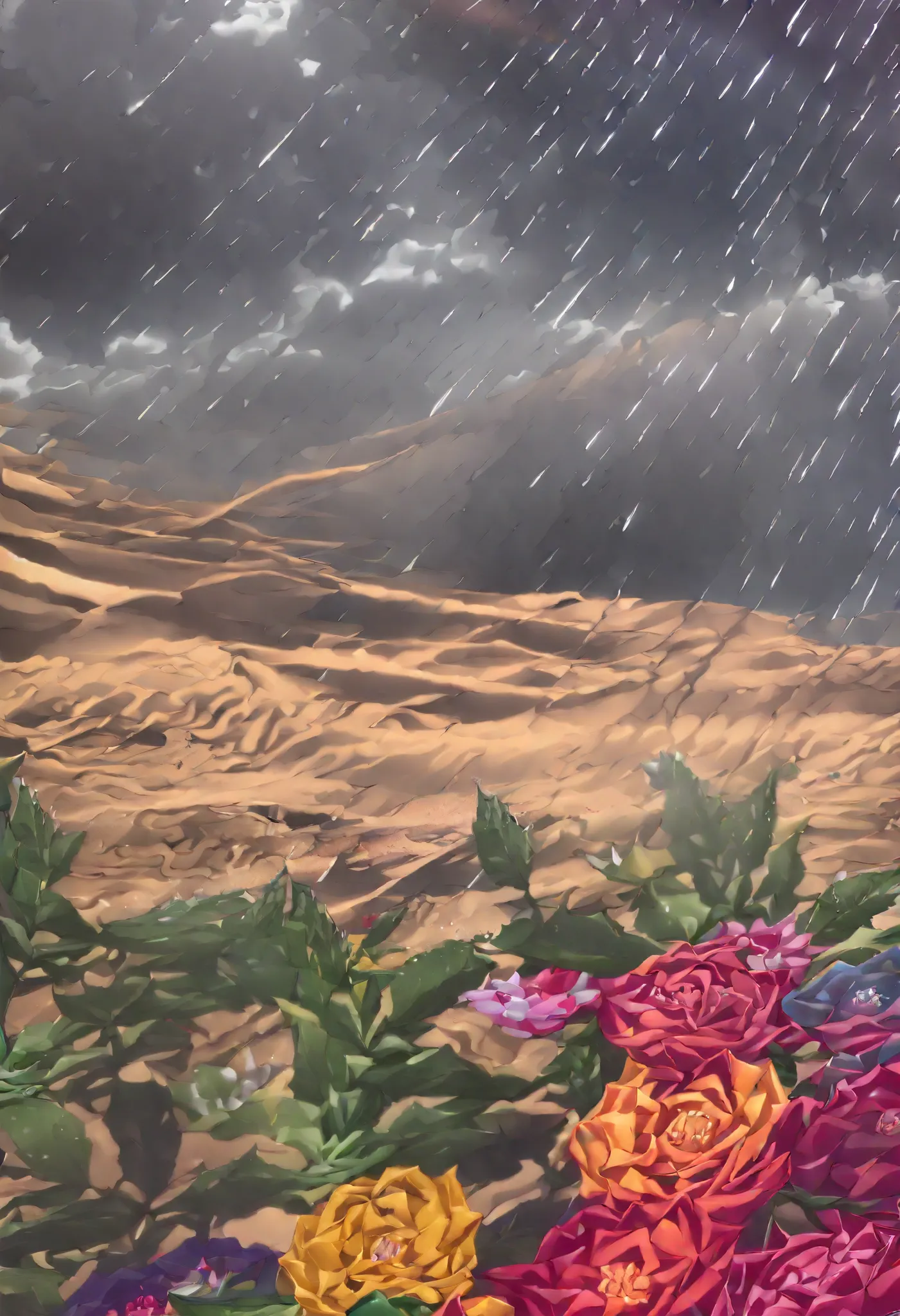 (((best quality))),(((ultra detailed))),(((masterpiece))),illustration,(raining:1.5),desert, vibrant flowers emerging, delicate petals, colorful, slender stem, jade-like leaves, shimmering, contrasting desert hues, hope amidst barrenness, dark clouds in di...