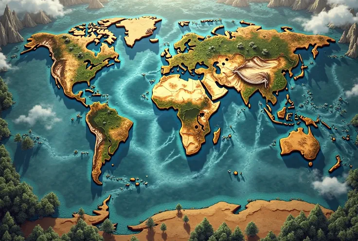 photograph of a world map with rivers, oceans, Trees like from a video game