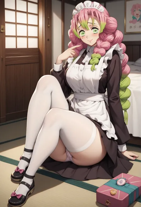 masterpiece,manos perfectas,2d,anime,1girl,Mitsuri Kanroji,  curly pink hair ,  Very Big Breasts, healed abdomen , thick thighs, big pink thighs , in your room, stop,dressed as a maid, black shoes,very long plain white tights, smiling,shy look, sitting on ...