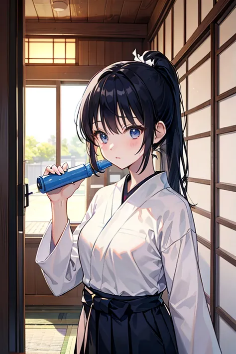 　 girl　Black Hakama　corridor　 upper body　The undershirt is dark blue　　 black hair　 long hair　ponytail　Cleaning up　Japanese House　bucket　dust cloth