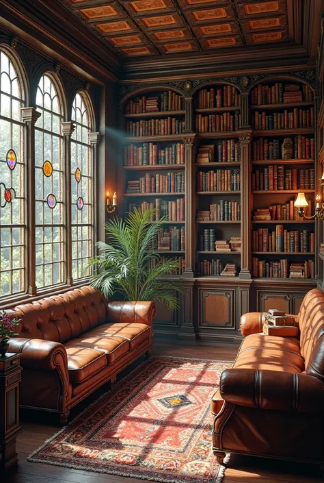 Interior of a small library with antique decor with a glass wall parallel to the book wall. Bookcase with colorful stained glass windows on the glass wall and antique furniture.