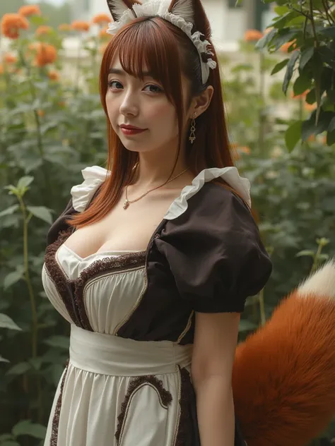 (( top quality , 8k)), ((Girl with straight brown hair)), (( Photorealistic)), ( masterpiece), Perfect Face , ((Woman with fox ears )), ((That woman has a fox tail )), foxgirl, (Her tail is big  ), ( That beautiful woman is shy), She's a college student  ,...