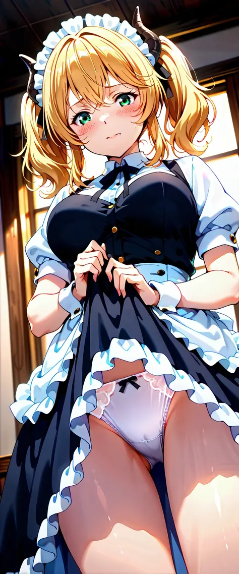 score_9, score_8_up, score_7_up, score_6_up, score_5_up, score_4_up, source_anime,dutch angle,
aletta, twintails, green eyes, blonde hair, twintails, horns,black dress, puffy sleeves, white shirt, black ribbon, waist apron, maid,dress,blush,upper body,from...