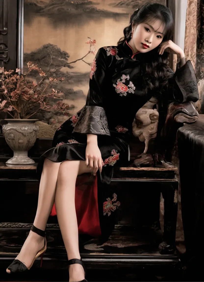 araffe Asian woman sitting on a table, cheongsam, Chinese style, with ancient Chinese clothes, black and red silk clothing, Chinese woman, wearing an ornate outfit, elegant lady