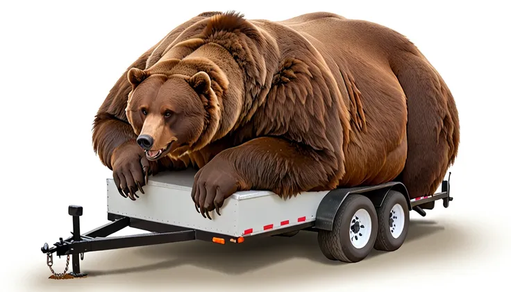 A massive grizzly bear with an unbelievably extremely massive belly, so heavy it drags along the ground, sitting down on the trailer while the whole belly barely fits inside, accurate best beautiful eyes. 