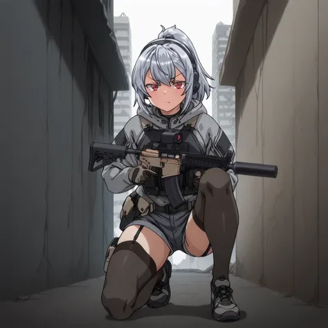 and a fleshy, glamorous figure。 with short silver hair tied in a ponytail with a navy hair band 、 has red eyes 。Has an impatient expression。equipped with black tactical armor over a gray hooded jacket、 gray denim shorts over thigh length stockings with a b...