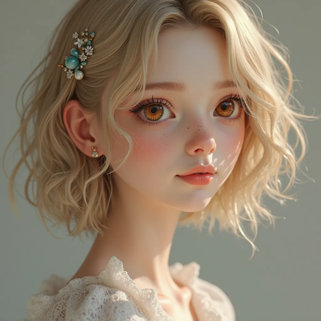  real human girl (real person) (  appearance)  with short wavy hair. blond color,  amber eyes. He wears a hairpin in his hair,  has a mole on her neck , wears a dress that covers her shoulders