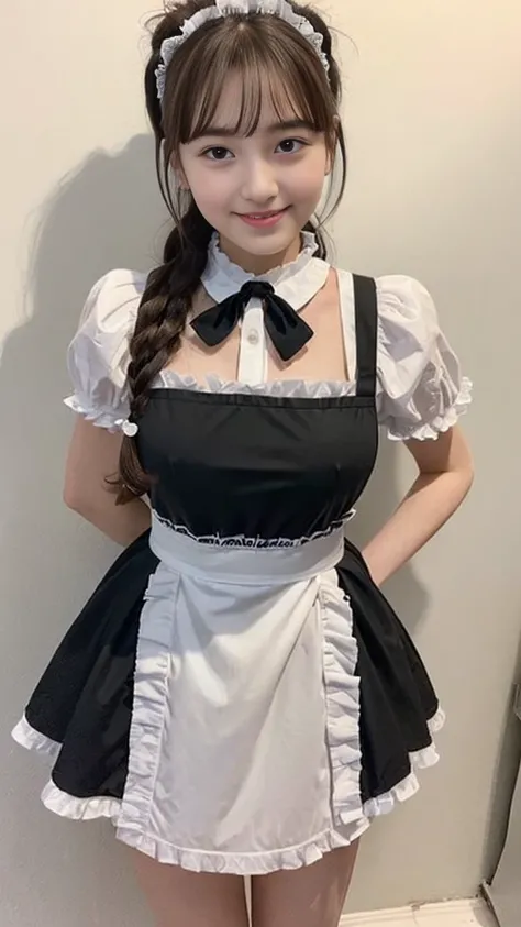 (TOP QUALITY:1.5), ( real :1.4), (ultra super detail:1.4), (1idol girl ), (19-years-old idol girl), (cute idol face with droopy eyes:1.2), (big breasts), (black maid costume), (long light brown hair with bangs), (bangs), (idol's amazing smile), (cute idol ...