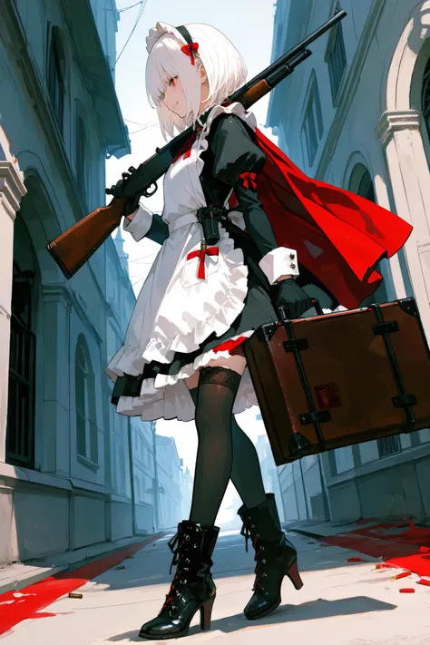 1girl, lolita, gun, shotgun, weapon, red_eyes, solo, thighhighs, gloves, smile, holding, white_hair, teeth, bullet, holding_gun, holding_weapon, looking_at_viewer, grin, black_thighhighs, rifle, medium_hair, bangs, black_gloves, cape, hairband, 1girl, solo...