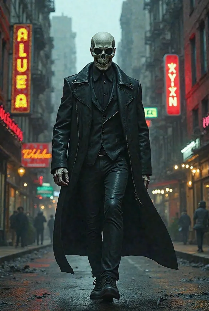 Exu Skull a man with a handsome skull face walking through the streets