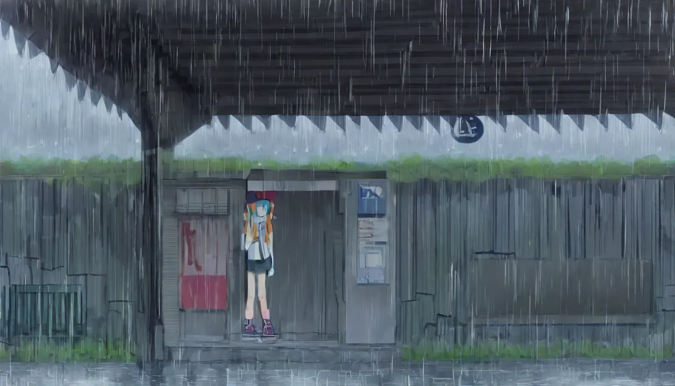 It rains、A girl taking shelter from the rain at the entrance and exit of the station