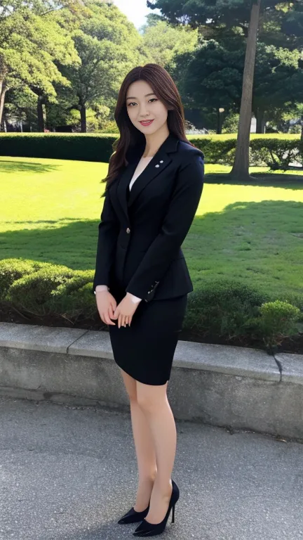 8K,  highest resolution, Wore a strict black business suit ,  full body image of a Japanese woman standing ,  full-body image of a Japanese woman in an empty park ,  I'm wearing a strict black business suit , Very short black skirt,  I'm wearing black pump...