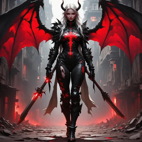 - "Russian" Adult Woman, Beautiful, tall, long legs, Long Devil Horns on her head in Red, Long Blackish White Hair. 
Body full of tribal tattoos that are clearly visible. 

- Wearing a costume ("Full Sexy Armor"), a costume that embodies the "Devil" Form, ...