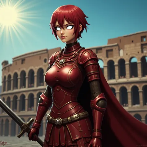  Robotic Female Roman Legionnaire, Short Red Hair, Iridescent White Glowing Eyes, Tanned Skin, wearing Dark Red Futuristic Roman Armor with Gold Accents, Grasping a Steel Gladius in her right hand, standing in front of the the Ancient Coliseum in Italy, Da...