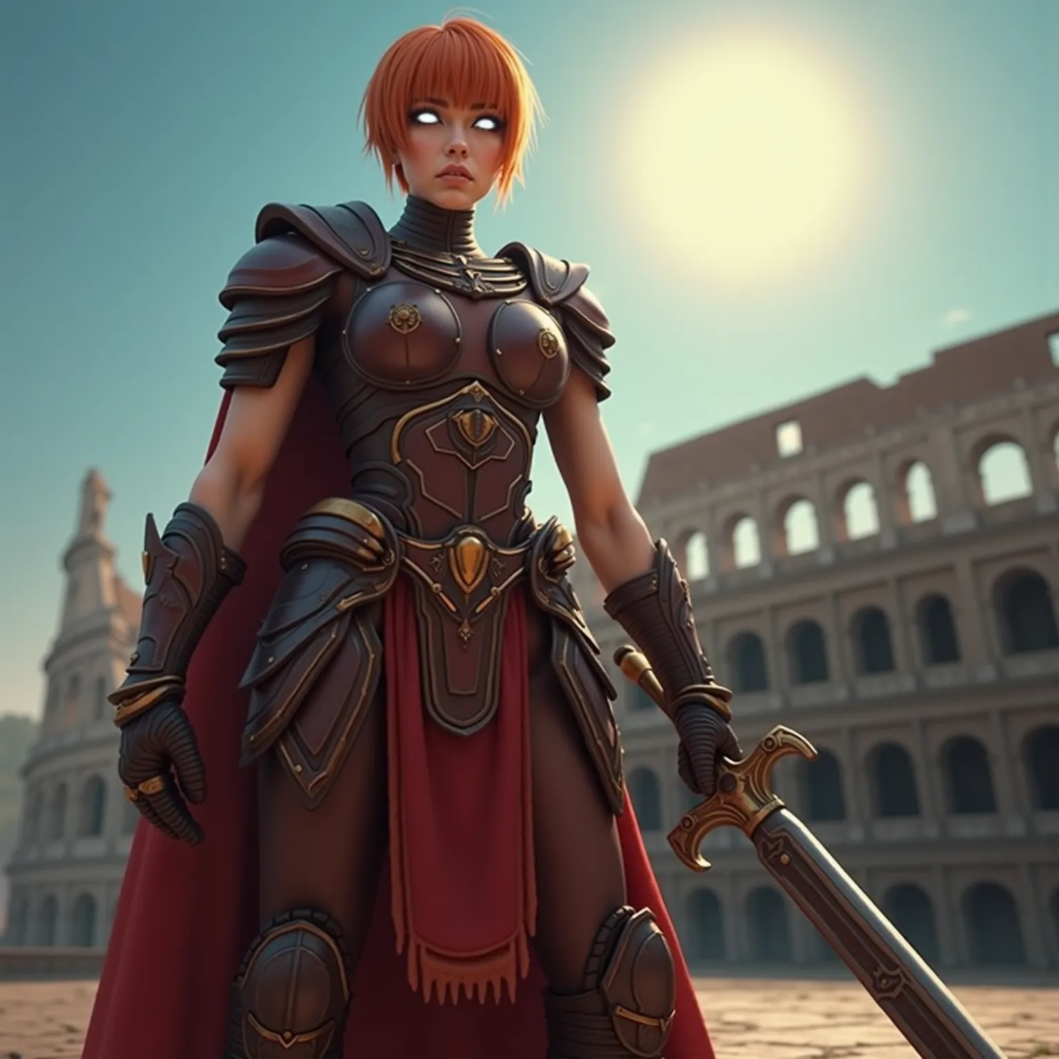 Robotic Female Roman Legionnaire, Short Orange Hair, Iridescent White Glowing Eyes, Tanned Skin, wearing Dark Red Futuristic Roman Armor with Gold Accents, Grasping a Steel Gladius in her right hand, standing in front of the the Ancient Coliseum in Italy, ...