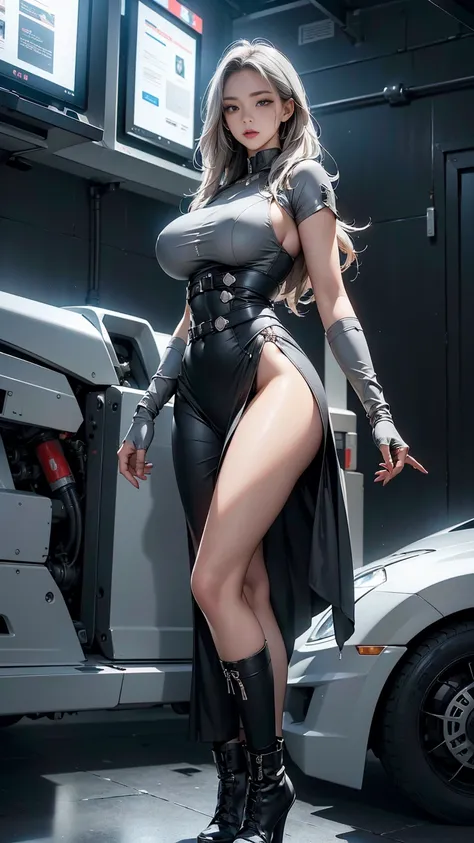 Future Assassin(sharp metal costume(enamel light grey color, Inspired by Aojai)),mechanical futuristic city background, (combat gloves, combat boots),perfect face,(Korean Beauty),  anatomical, elaborate , (big boobs:1.0), elaborate 표현, (Highest quality,4K,...