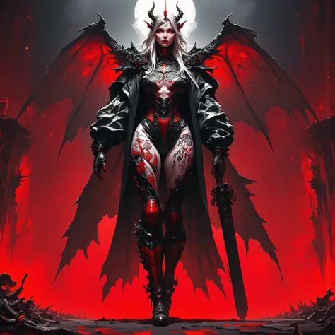 - "Russian" Adult Woman, Beautiful, tall, long legs, Long Devil Horns on her head in Red, Long Blackish White Hair. 
Body full of tribal tattoos that are clearly visible. 

- Wearing a costume ("Full Sexy Armor"), a costume that embodies the "Devil" Form, ...