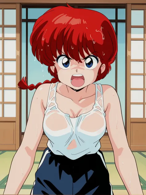 masterpiece, best quality, newest, absurdres, highres, detailed eyes, beautiful, detailed background, perfect eyes, anime coloring, retro artstyle, 1990s \(style\), 1girl, solo, ranma-chan, red hair, long hair, single braid, blue eyes, medium breasts, gym ...