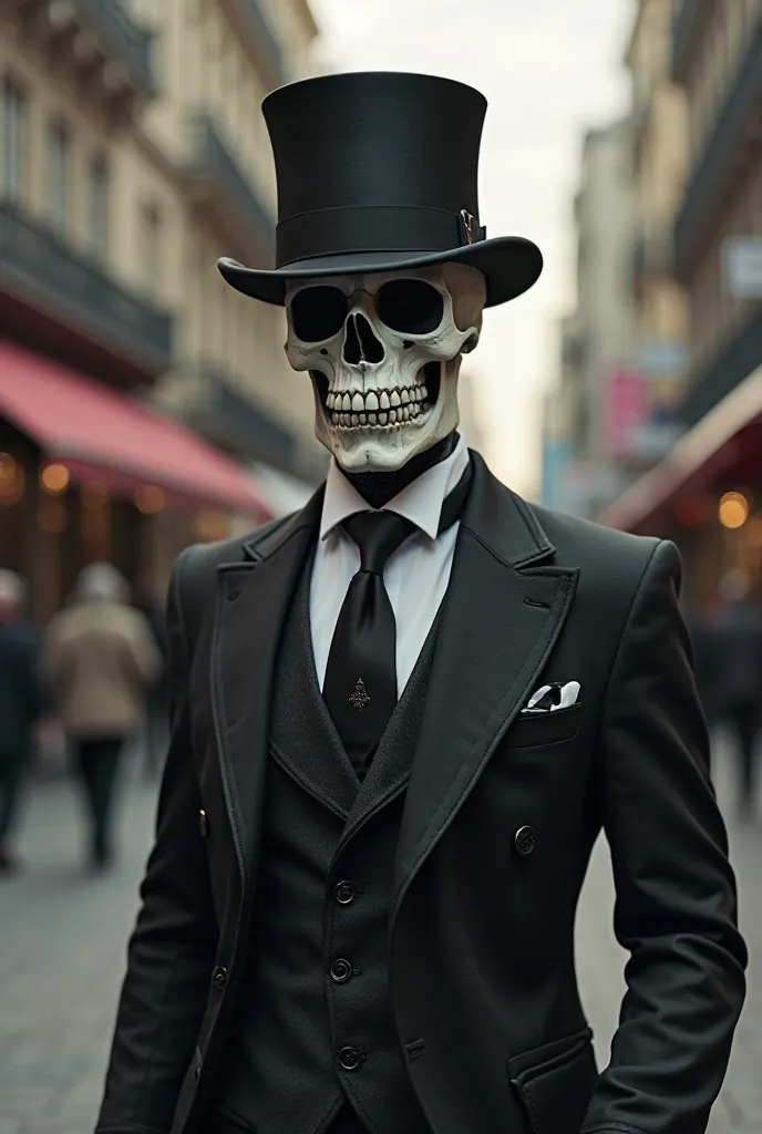 Exu Skull a handsome man with a skull face wearing dress clothes and top hat walking the streets 