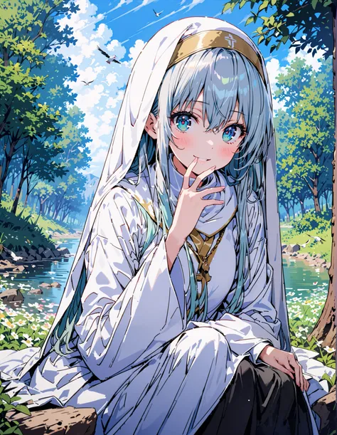  score_9,  score_8_up,  score_7_up,  source_Anime, Prohibited bibliography, green eye,  Silver Hair,  long hair,smile,blush, close your mouth,break habit,  Long Sleeve,  nun, robe, white robe, wide sleeve, Bbo~,sitting on a rock, birds are flying,river,Flo...