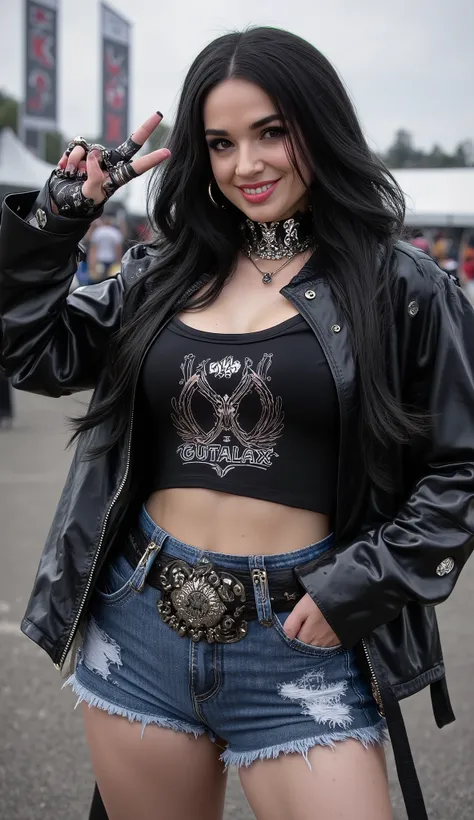 Beautiful woman, (Masterpiece, best quality, 4k resolution, ultra-realistic, ultra-detailed, photorealistic, cinematic lighting, sharp focus), standing at the world-famous metal festival WACKEN OPEN AIR, curvy hourglass figure, wide hips, big breasts, radi...