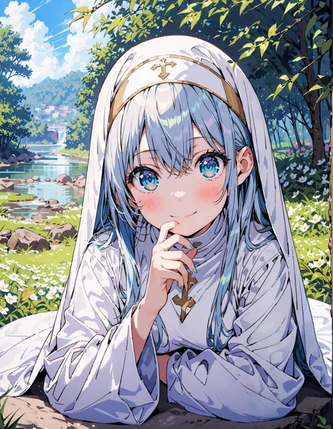  score_9,  score_8_up,  score_7_up,  source_Anime, Prohibited bibliography, green eye,  Silver Hair,  long hair,smile,blush, close your mouth,break habit,  Long Sleeve,  nun, robe, white robe, wide sleeve, Bbo~,sitting on a rock, birds are flying,river,Flo...