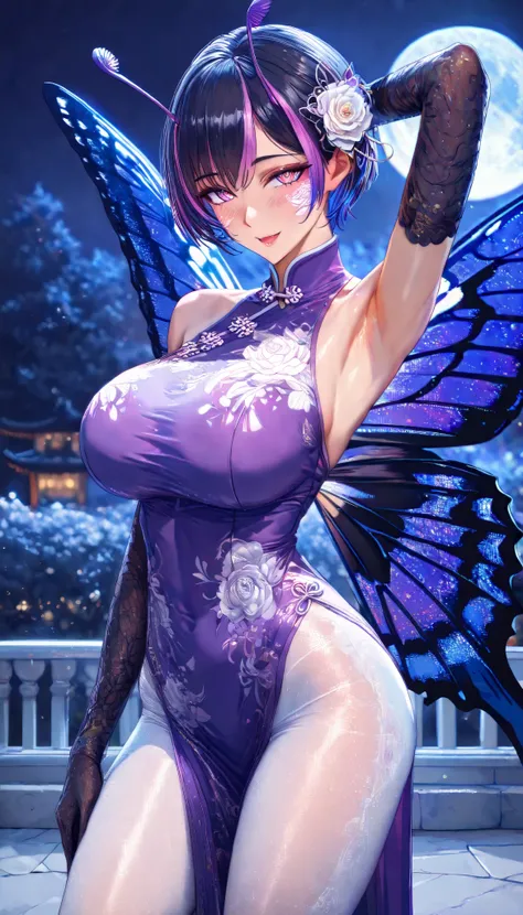 SOLO, A Butterfly Female ,Perfect body ,big oppai, Shiny skin, (multicolored hair, short hair), A pair of Butterfly antennae,  purple insect eye,red slit pupils, A pairs of Butterfly wings, Wearing A Purple Vibrant Evening dress with Butterfly characterist...