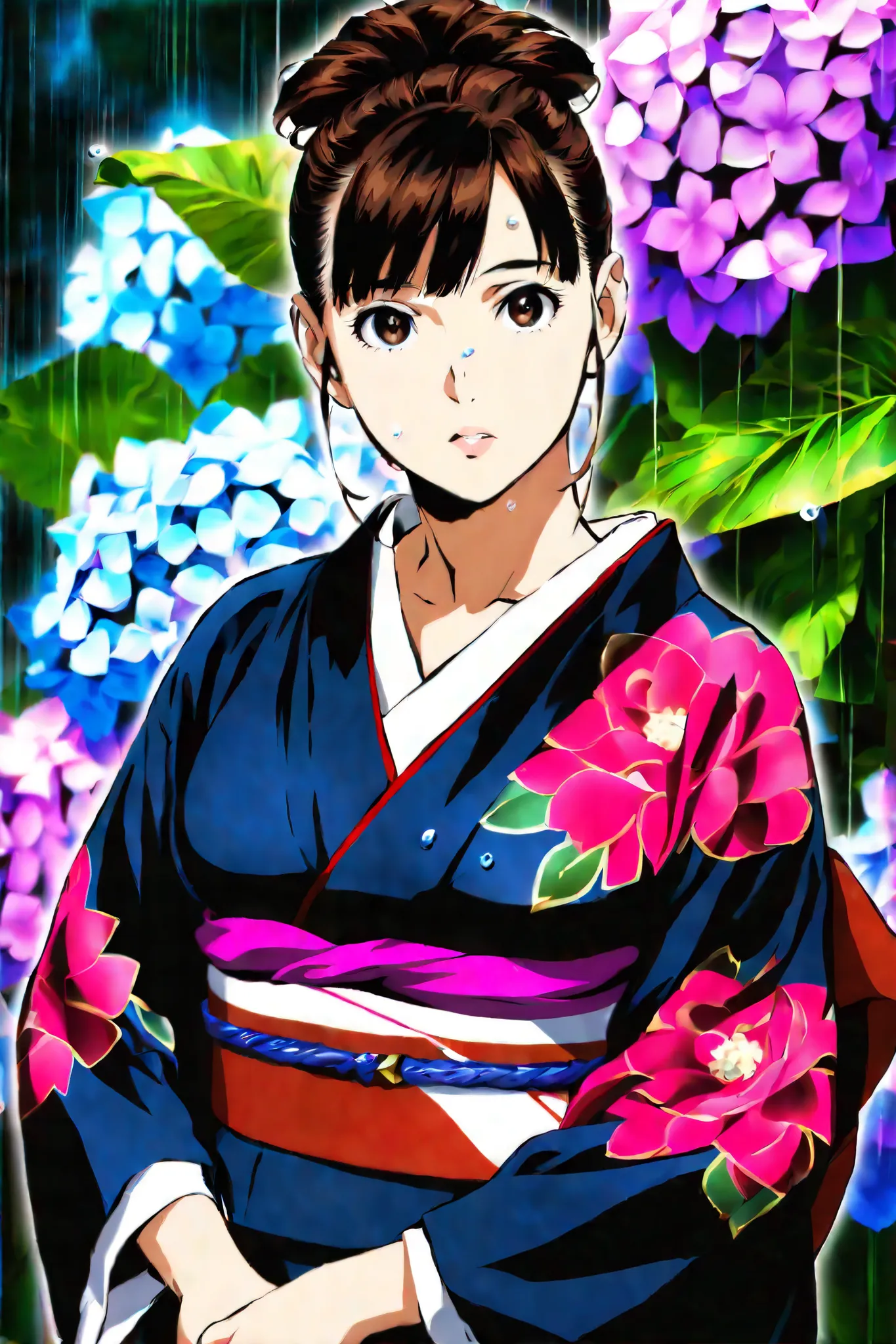 (Japan kimono with hydrangea  pattern:1.3),, (Bun hair, dark brown hair), (top-quality, Photorealsitic:1.4, masterpiece:1.3, RAW Photography:1.2, cinematic light, very detailed illustration), (1woman:1.3, solo), (Asian girl, ultra delicate face, ultra Beau...