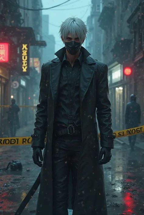 An animation man with white hair and wearing a mask and black gloves at a crime scene 