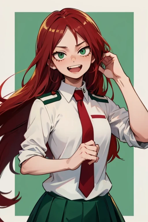 age woman in Boku no Hero Academia,  green eyes ,  long red hair , dressed in the U uniform.a ( white shirt with red tie and dark green skirt)  Laughing out loud Very long hair, 