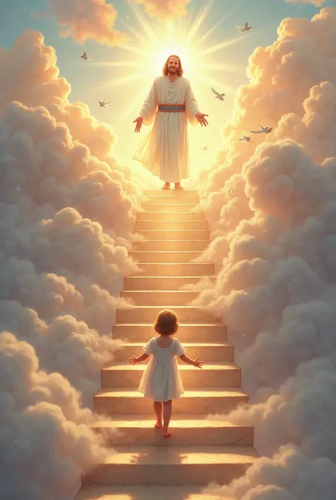 Here's a detailed description of the scene for you to illustrate or ask an artist to create:  

A long and bright staircase extends from the ground to the sky, } surrounded by soft clouds and illuminated by golden light and heavenly. At the beginning of th...