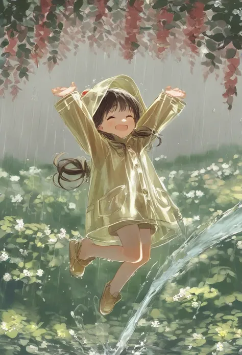 It's raining. Cute  in a beige raincoat rain shoes jumping up and splashing a lot of water flowers