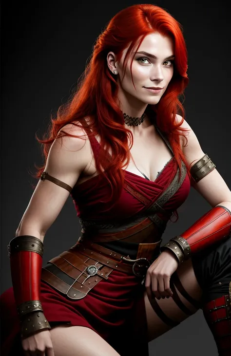  beautiful woman,   red hair , 3D , half hair hairstyle , viking costume , scar on the arms , rough look ,  smile, looking at the spectator ,  poses crossed arms ,   pose seated crossed legs  ,  sexy body look,   HD quality 