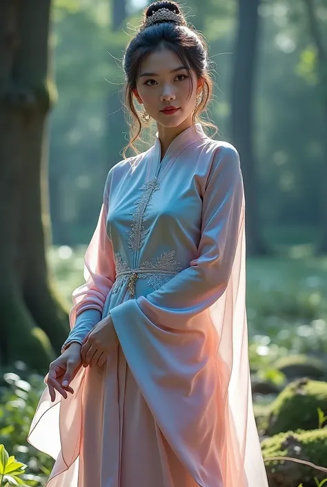 arafed Asian woman in a "sheer blue and pink dress", standing in a forest, ethereal beauty, "sheer hanfu", "sheer flowing magical robe", a girl in "sheer hanfu", "sheer white hanfu", traditional Chinese clothing, wearing a luxurious "sheer silk cloak", anc...