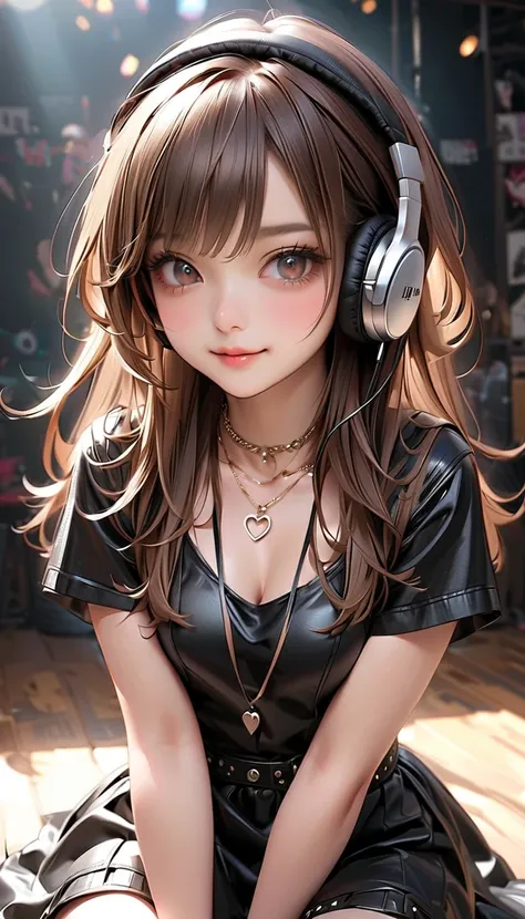  pretty girl、HD、 brown long hair、 headphones、necklace、punk dress、 beautiful girl、赤い頬、 headphonesに手を触る、Very Cute、TOP QUALITY、 realistic、