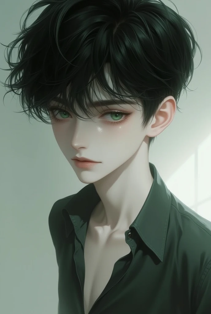 White-skinned boy green eyes 1.73 black hair submissive appearance 