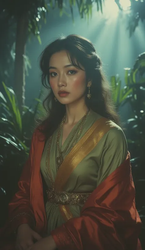 A Malay Princess * Mayang Pinang (Earthy Green-Gold modest attire with red silk scarf) - 70s film still., misty palm garden background at night