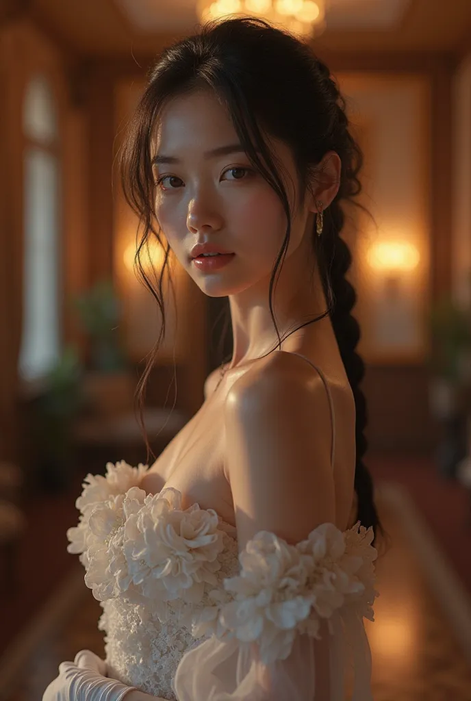 best quality, masterpiece, (photorealistic:1.4), 1girl(extremely beautiful), cowboy shot, luxury elegant bare shoulder  dress, dramatic lighting, hair over shoulders, white gloves, v arms, luxury hall background, night, japanese face, braid hair, small bre...