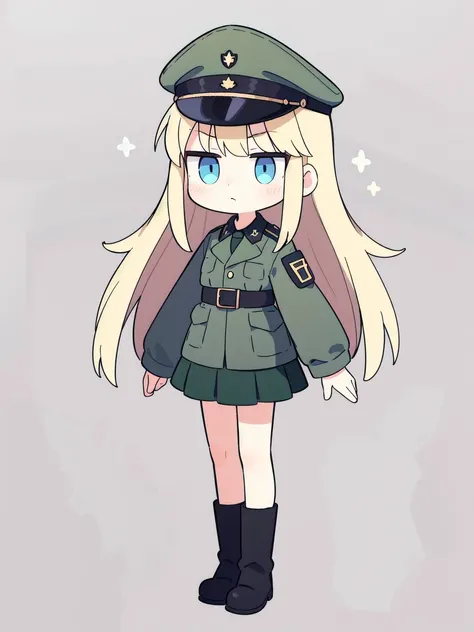 ((True best masterpiece, Ultimately perfect quality, Extremely delicate details)), A skinny soldier girl, Blonde, Blue eyes, Putting on a military suit, Green jacket, Green military cap, Black skirt, Dress shirt with black tie, Black boots, USSR, WW2