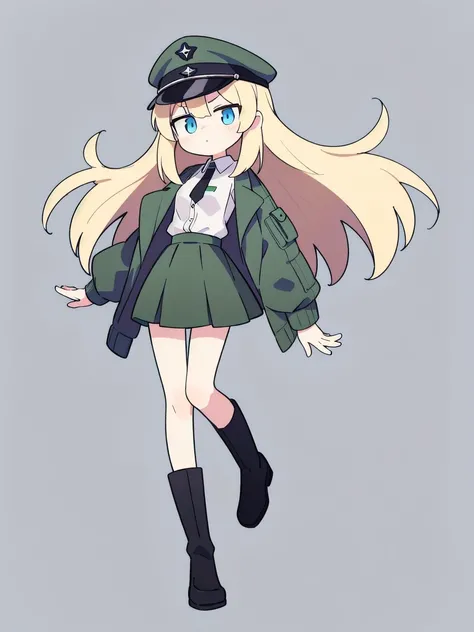 ((True best masterpiece, Ultimately perfect quality, Extremely delicate details)), A skinny soldier girl, Blonde, Blue eyes, Putting on a military suit, Green jacket, Green military cap, Black skirt, Dress shirt with black tie, Black boots, USSR, WW2, Full...