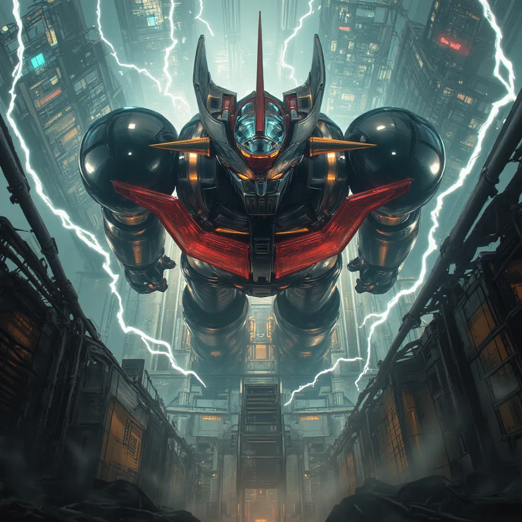  Modified Mazinger Z ,  Mazinger Z is 100 meters tall.   Constructed with modern materials such as steel  ,   Carbon Fiber  ,   Other industrial elements are also visible  ,  Just like the real thing  ,    I'm standing ahead at the height of a high-rise to...