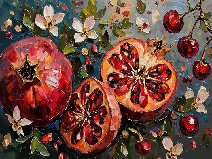 high definition vibrant pure colors , abstract expressionism  cubism, , close up cherry flowers branch and pomegranate slices still life top angle, sparks, ,  floral, Paisley pattern, swirling,  filigree, filled with details, water drops,  emotionally expr...