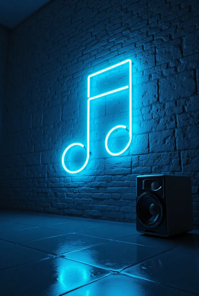 A dark room without lighting with blue neon tubes in the shape of a music symbol on a brick wall painted black and a speaker on the floor next to the neon tube