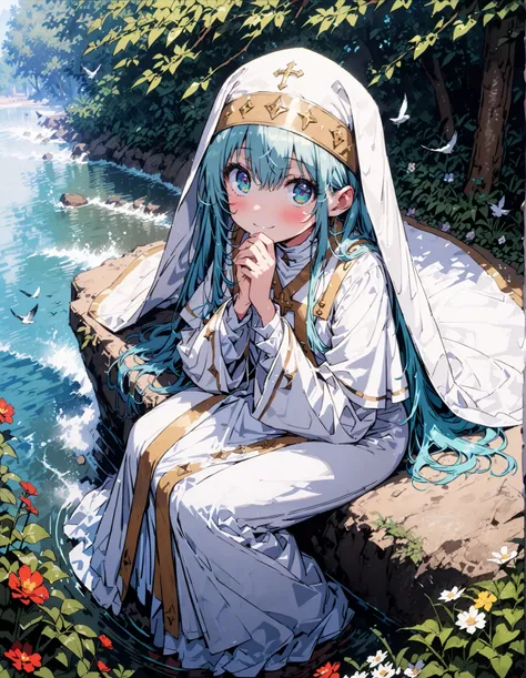  score_9,  score_8_up,  score_7_up,  source_Anime, Prohibited bibliography, green eye,  Silver Hair,  long hair,smile,blush, close your mouth,break habit,  Long Sleeve,  nun, robe, white robe, wide sleeve,long skirt, Bbo~,sitting on a rock, birds are flyin...