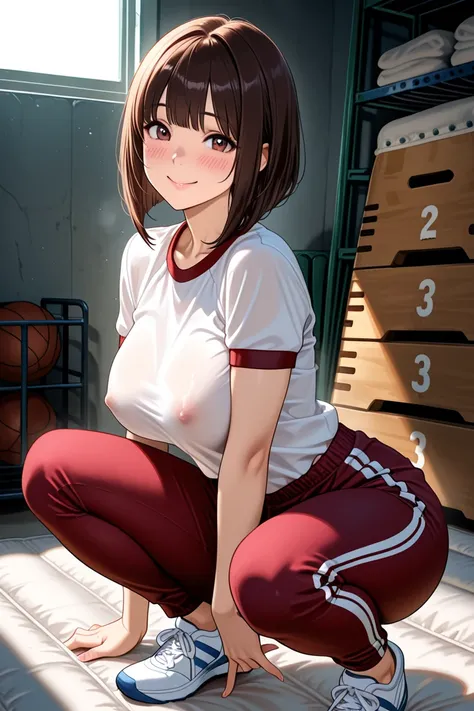 woman, Alone,
 masterpiece, TOP QUALITY, so beautiful, very well detailed,　smile　Crouching in gym clothes nsfw　The pants are lowered to the knee　 rear view　 is turning　 big butt　take off your pants and show me your butt　pants to below the knee　　 beautiful ...