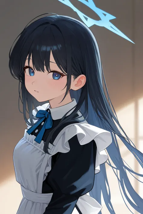 1 girl, Hair length reaches the back, Black hair and blue on the edges of the hair, blue eyes, but not bright, wear a sexy maid outfit, หน้าอกไซส์ปานกลาง, have a blue halo