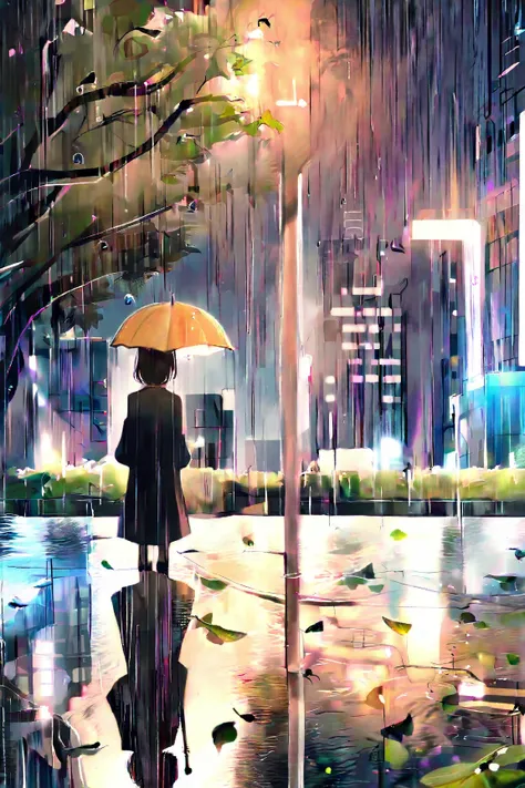 rain falling。rain falls on a city street、 holding an umbrella 々come and go。depict city lights reflecting in puddles and、describe how、create an emotional scene with an overall moist atmosphere。capture the moment raindrops fall on the leaves、I'm looking for ...