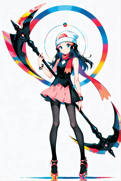 （weapon, battleaxe
, holding weapon,，white background， stands，whole body，heels， front view,Standing picture:1.7)，HoleHeels，oval/Circle/Thorn/Horn Heels，,limited color palette,Colorful, vivid colors ,black light ,watch, masterpiece, Very beautiful,pokemonda...