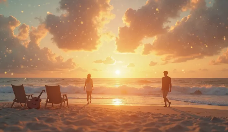 Create an ultra-high-definition, romantic and slightly melancholic image as a background for a song. The scene depicts a tranquil seaside during sunrise, with golden sunlight streaming through soft clouds. Gentle waves caress the shoreline, symbolizing the...