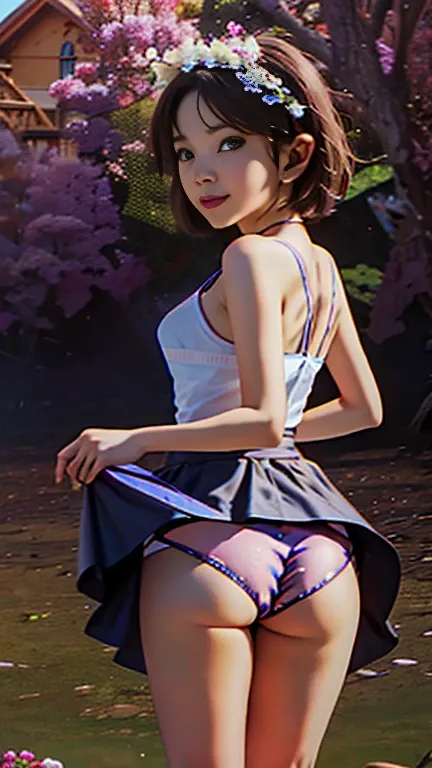 Ultra High Definition, ((slfbs, ass, from behind, lifted by self, looking at viewer, looking back, skirt, skirt lift, standing,)),((ultra detailed panties,sexy panties)),It's high definition ,  best quality, smile、 ((Transcendental cute *******************...